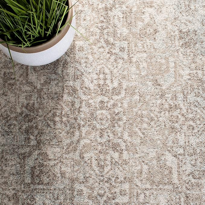 SAFAVIEH Evoke Collection 6'7" Round Ivory / Taupe EVK256E Oriental Distressed Non-Shedding Dining Room Entryway Foyer Living Room Bedroom Area Rug