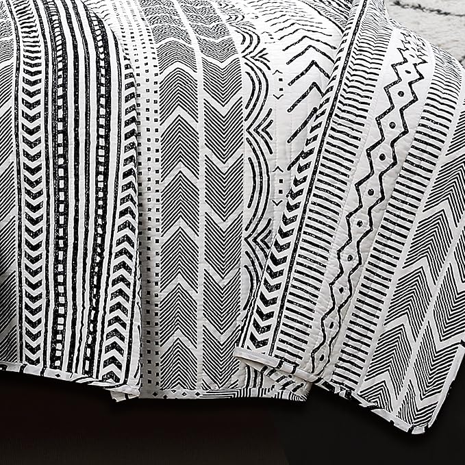 Lush Decor Hygge Geo Pattern Striped 3 Piece Quilt Bedding Set, King, Black & White