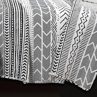 Lush Decor Hygge Geo Pattern Striped 3 Piece Quilt Bedding Set, King, Black & White