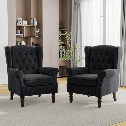 Mid-Century Modern Wingback Chair - Plush Upholstered Accent Armchair with Solid Oak Legs, Ergonomic High Back Lounge Chair for Living Room, Bedroom Office - Retro Reading Chair Bluish Black