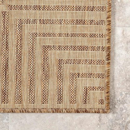 nuLOOM 8' Square Outdoor Area Rug, Casual Design with Striped Border, Stain Resistant, Highly Durable, for Patio, Balcony, Bedroom, Living Room, Dining Room, Bathroom, Light Brown