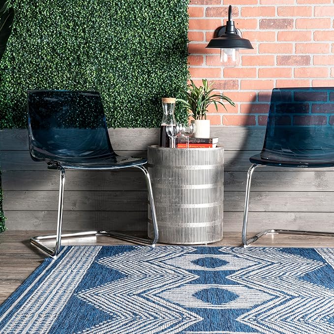 nuLOOM 8' x 10' Outdoor Tribal Geometric Area Rug, Stain Resistant, Weather Resistant, High Traffic, Patio, Balcony, Outside, Ranya Blue