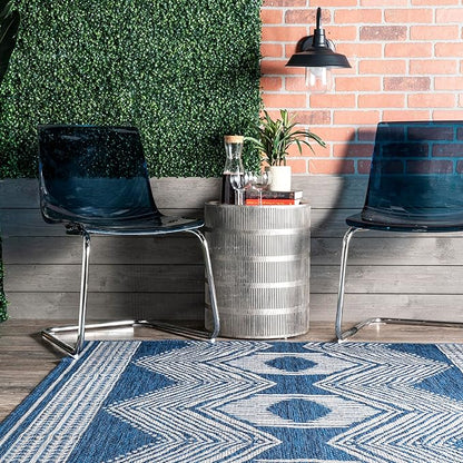 nuLOOM 8' x 10' Outdoor Tribal Geometric Area Rug, Stain Resistant, Weather Resistant, High Traffic, Patio, Balcony, Outside, Ranya Blue