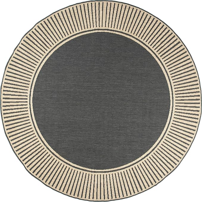 Nuloom Asha Dark Grey/Ivory, 6' 7" Round, Casual, Striped Border, Soft and Cozy, High Traffic, Stain Resistant, Easy Clean, Durable Area Rug for Indoor/Outdoor Patio, Deck, Porch, Garden, Courtyard