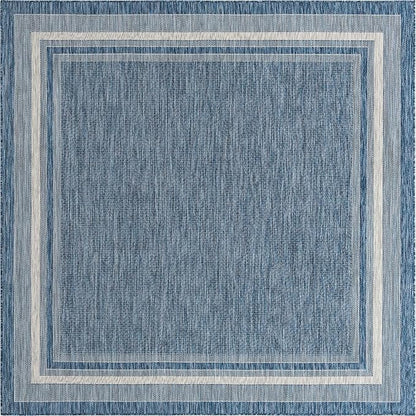 Unique Loom Outdoor Border Collection Area Rug - Soft Border (7' 10" Square, Blue/ Ivory)