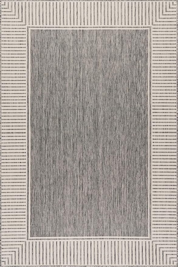 nuLOOM 9'6" x 12' Outdoor Area Rug, Casual Design with Striped Border, Stain Resistant, Highly Durable, for Patio, Balcony, Bedroom, Living Room, Dining Room, Bathroom, Steel