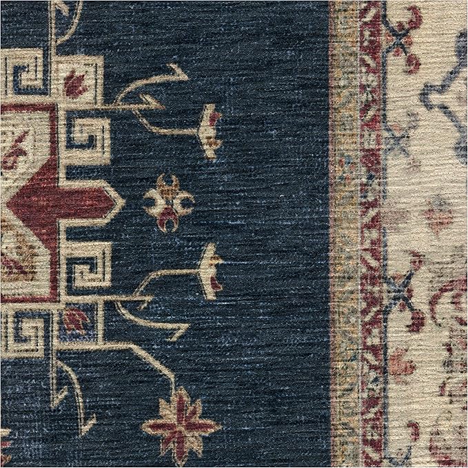 RUGGABLE Washable Vintage Area Rug – Verena Sapphire 5x7, Stain-Resistant, Non-Slip – Medium Machine Washable Rugs for Living Room, Bedroom, Hallway, Entryway & Office–with Cushioned Pad