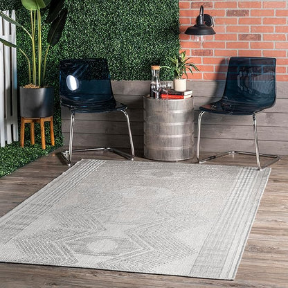 nuLOOM 9'6" x 12' Outdoor Tribal Geometric Area Rug, Stain Resistant, Weather Resistant, High Traffic, Patio, Balcony, Outside, Ranya Light Grey