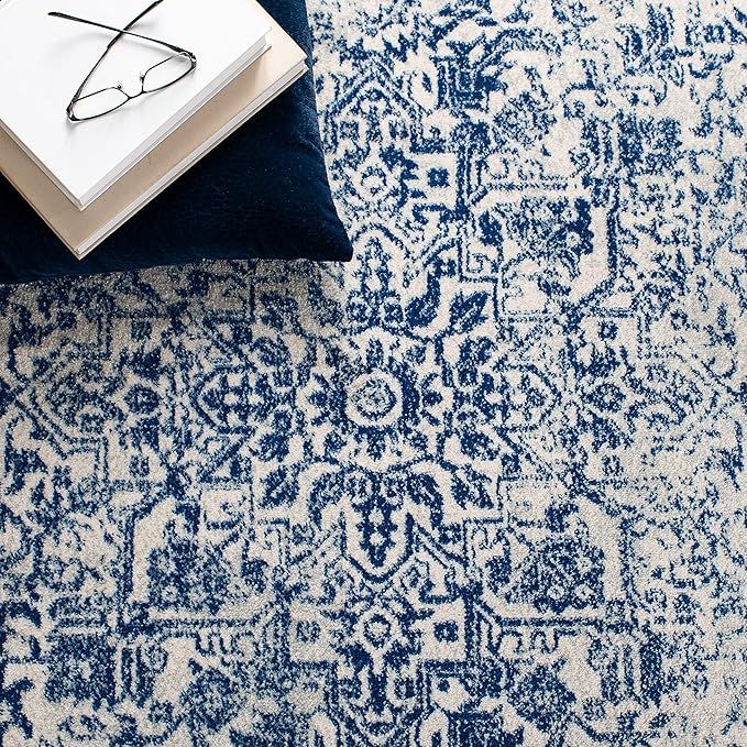 SAFAVIEH Evoke Collection 8' x 10' Ivory / Navy EVK256N Oriental Distressed Non-Shedding Living Room Bedroom Dining Home Office Area Rug