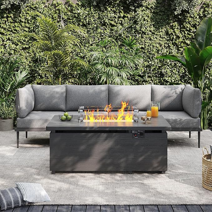 Sundale Outdoor 5 Pieces Patio Furniture Set with Fire Pit Table, Metal Outdoor Sectional Sofa with 6" Olefin Cushion, Modern Outdoor Conversation Sets (4 Seats, Grey Frame)