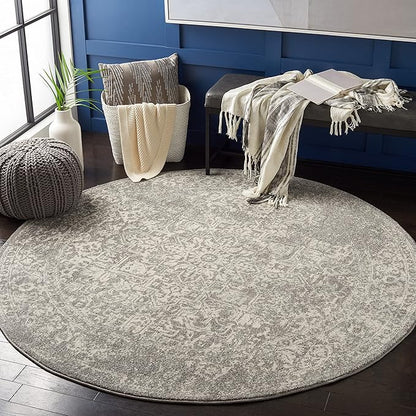SAFAVIEH Evoke Collection Area Rug - 3' Round, Silver & Ivory, Distressed Design, Non-Shedding & Easy to Clean, Ideal for Foyer, Bedroom, Accent Space (EVK256S)
