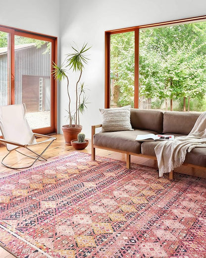 Loloi Layla Collection LAY-15 Magenta/Multi 3'-6" x 5'-6" .13" Thick Accent Rug, Soft, Durable, Vintage Inspired, Distressed, Low Pile, Non-Shedding, Easy Clean, Printed, Living Room Rug