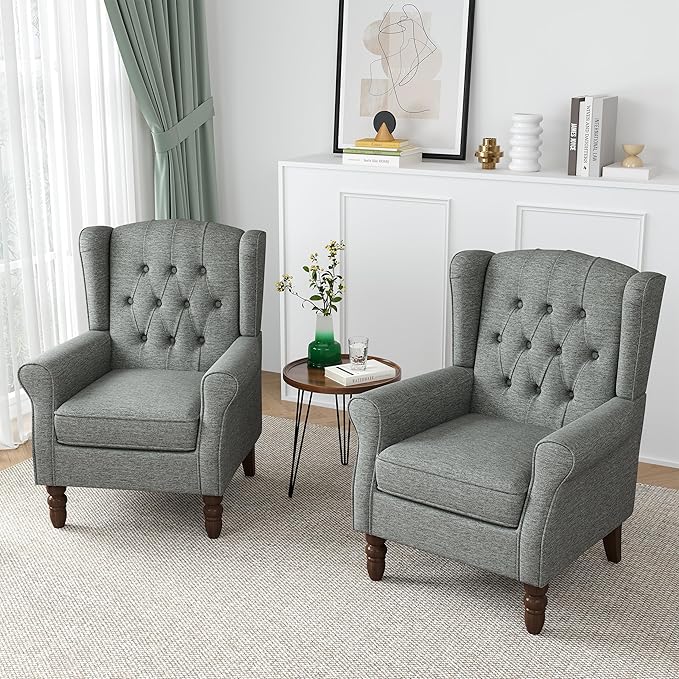 High Back Accent Chairs Set of 2, High Wingback Chair for Living Room, Button-Tufted Upholstered Fabric Armchair with Solid Wood Legs, Comfy Single Sofa Reading Chair for Bedroom, Gray