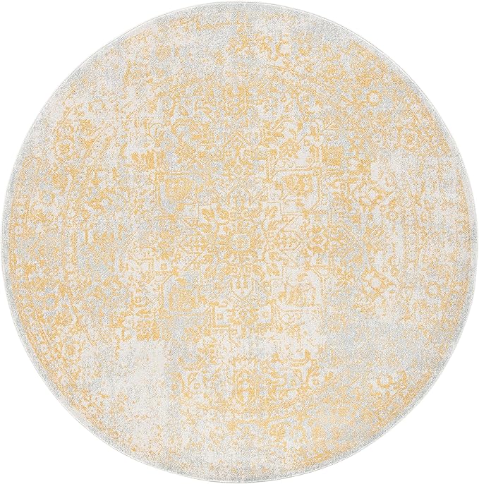SAFAVIEH Evoke Collection Area Rug - 6'7" Round, Ivory & Gold, Distressed Design, Non-Shedding & Easy to Clean, Ideal for Living Room, Bedroom, Dining Space (EVK256B)