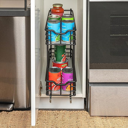 Household Essentials Glidez Multipurpose Paint-Finished Steel Pull-Out/Slide-Out Storage Organizer with Plastic Liners for Under Cabinet Use - 2-Tier Design, Black