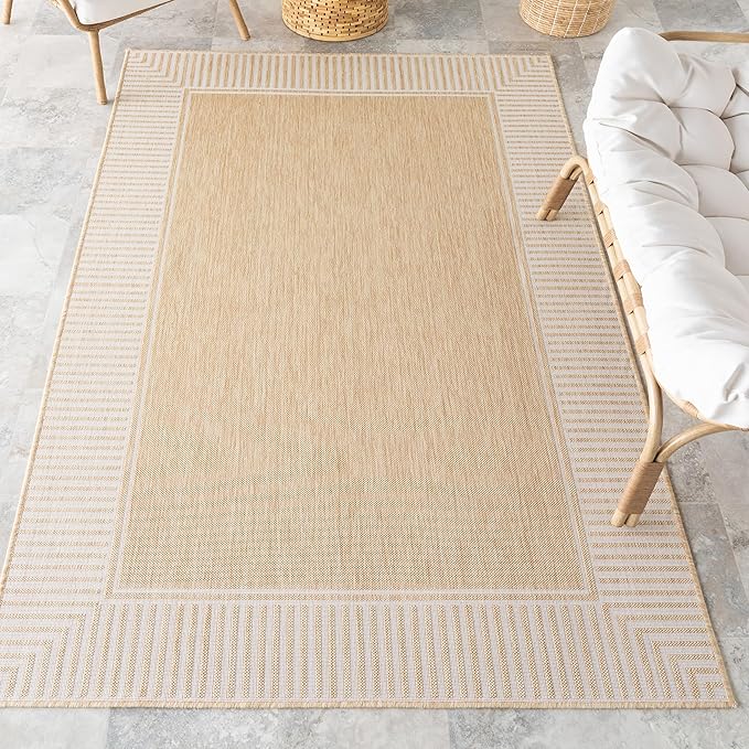 nuLOOM 8x10 Outdoor/Indoor Asha Area Rug, Tan, Casual Design with Striped Border, Stain Resistant, Highly Durable, for Patio, Balcony, Bedroom, Living Room, Dining Room, Bathroom