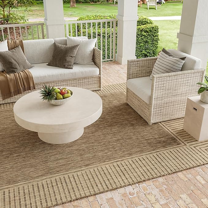 nuLOOM 10' x 13' Outdoor Area Rug, Casual Design with Striped Border, Stain Resistant, Highly Durable, for Patio, Balcony, Bedroom, Living Room, Dining Room, Bathroom, Light Brown