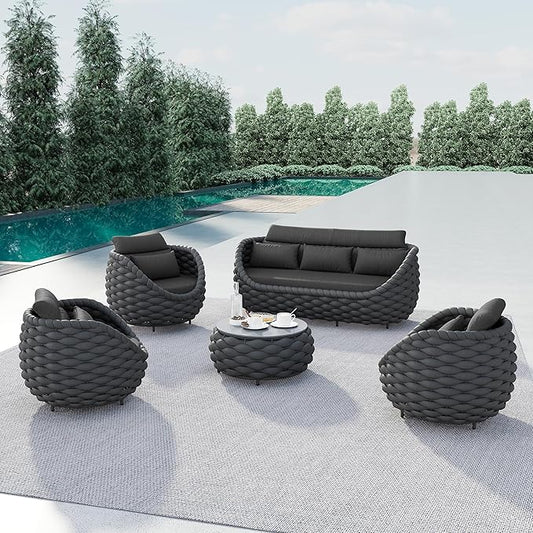 Aluminum Outdoor Seating Set: 5-Piece Woven Rope Patio Conversation Set of 6 - Metal Sofa Set Assembled Cushioned - Modern Couch Porch Furniture for Deck Lanai Balcony Yard Pool Hotel, Dark Gray