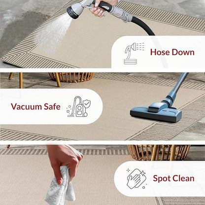nuLOOM 2' x 8' Outdoor Area Rug, Casual Design with Striped Border, Stain Resistant, Highly Durable, for Patio, Balcony, Bedroom, Living Room, Dining Room, Bathroom, Light Grey