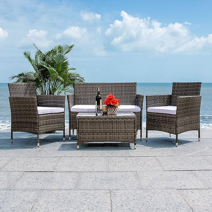 SAFAVIEH Outdoor Collection Bandele Grey Brown/White Cushion 4-Piece Conversation Patio Set PAT7506C