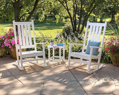 POLYWOOD Vineyard 3-Piece Rocking Chair Set White - Outdoor Patio Furniture Set with Side Table - Front Porch Rocking Chairs - Premium HDPE Lumber Construction - Classic American Style