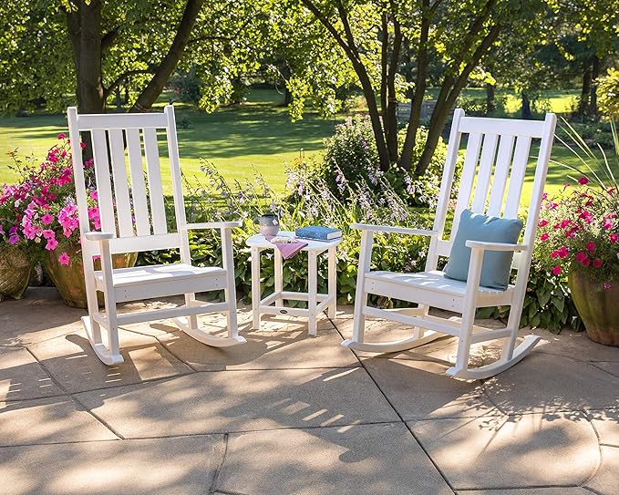 POLYWOOD Vineyard 3-Piece Outdoor Rocking Chair Set with Side Table - Classic Porch Rockers for Patio, Deck & Garden - Fade-Resistant Black HDPE - Traditional American Style Furniture