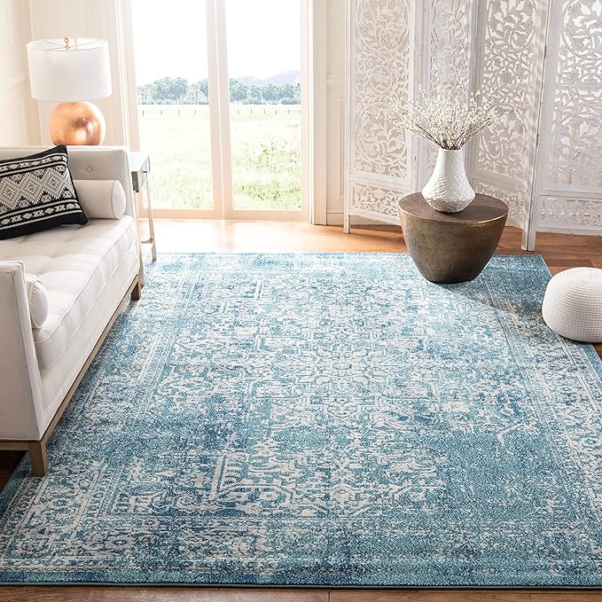 SAFAVIEH Evoke Collection 6'7" x 9' Blue/Ivory EVK256C Oriental Distressed Non-Shedding Living Room Bedroom Dining Home Office Area Rug
