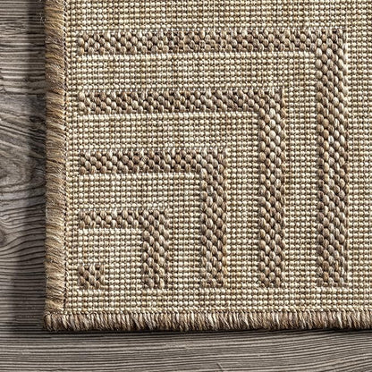 nuLOOM 5' x 8' Outdoor Area Rug, Casual Design With Striped Border, Stain Resistant, Highly Durable, For Patio, Balcony, Bedroom, Living Room, Dining Room, Bathroom, Light Brown