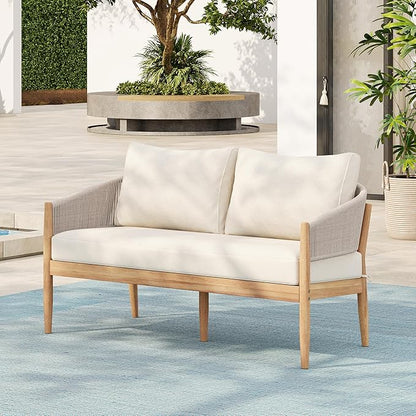 Christopher Knight Home Katarina Patio Acacia Wood Loveseat Furniture, Outdoor Loveseat Sofa with Comfy Fabric Cushions, 2-Seater Sofa with Handwoven Rope Backrest for Garden, Light Brown+Beige