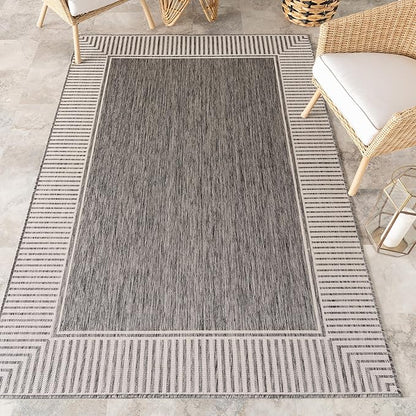 nuLOOM 4' x 6' Outdoor Area Rug, Casual Design with Striped Border, Stain Resistant, Highly Durable, for Patio, Balcony, Bedroom, Living Room, Dining Room, Bathroom, Steel