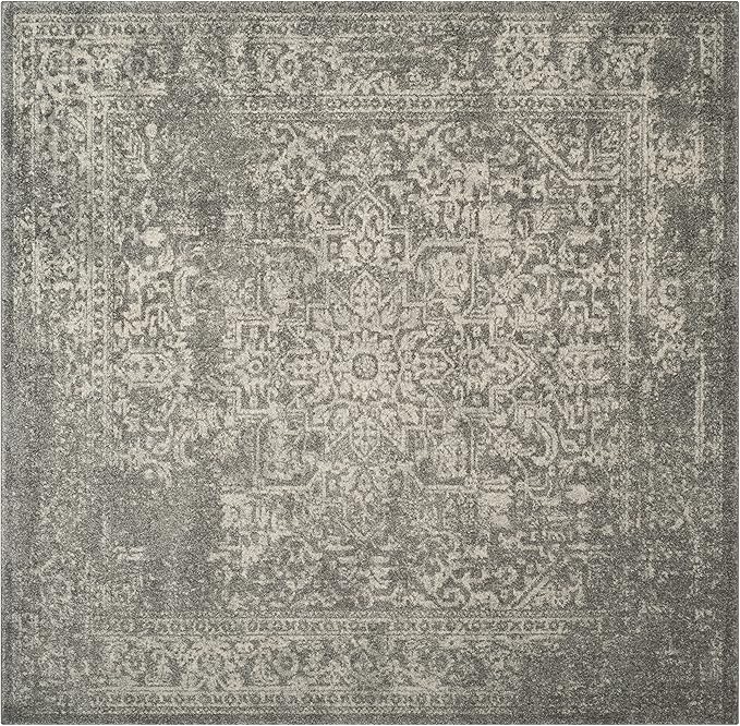 SAFAVIEH Evoke Collection Area Rug - 5'3" Square, Silver & Ivory, Distressed Design, Non-Shedding & Easy to Clean, Ideal for Living Room, Bedroom, Dining Space (EVK256S)