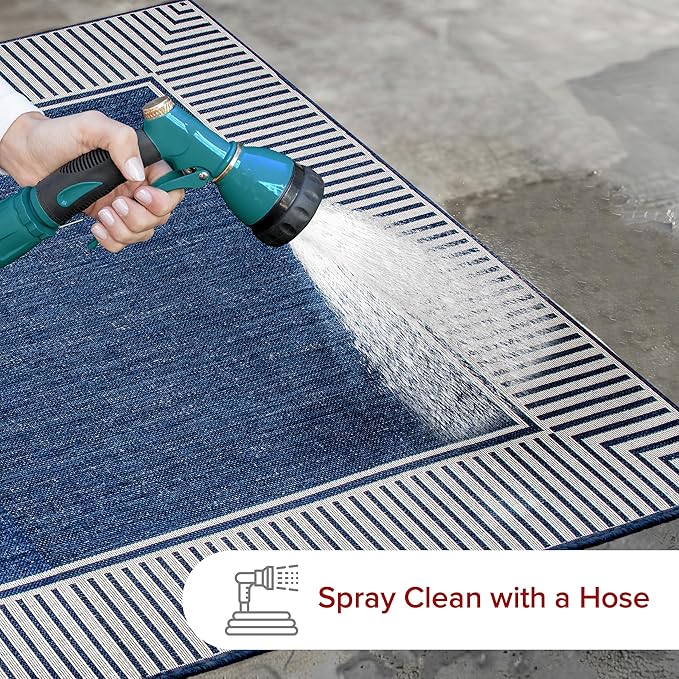 nuLOOM 10' x 13' Outdoor Area Rug, Casual Design with Striped Border, Stain Resistant, Highly Durable, for Patio, Balcony, Bedroom, Living Room, Dining Room, Bathroom, Navy