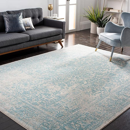 SAFAVIEH Area Rug 9x12 - Evoke Collection - Large - Ivory & Aqua, Distressed Design, Non-Shedding & Easy to Clean, Ideal for Living Room, Bedroom, Dining Space (EVK256J)