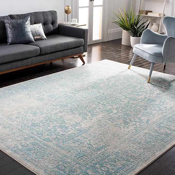 SAFAVIEH Area Rug 11x15 - Evoke Collection - Large - Ivory & Aqua, Distressed Design, Non-Shedding & Easy to Clean, Ideal for Living Room, Bedroom, Dining Space (EVK256J)
