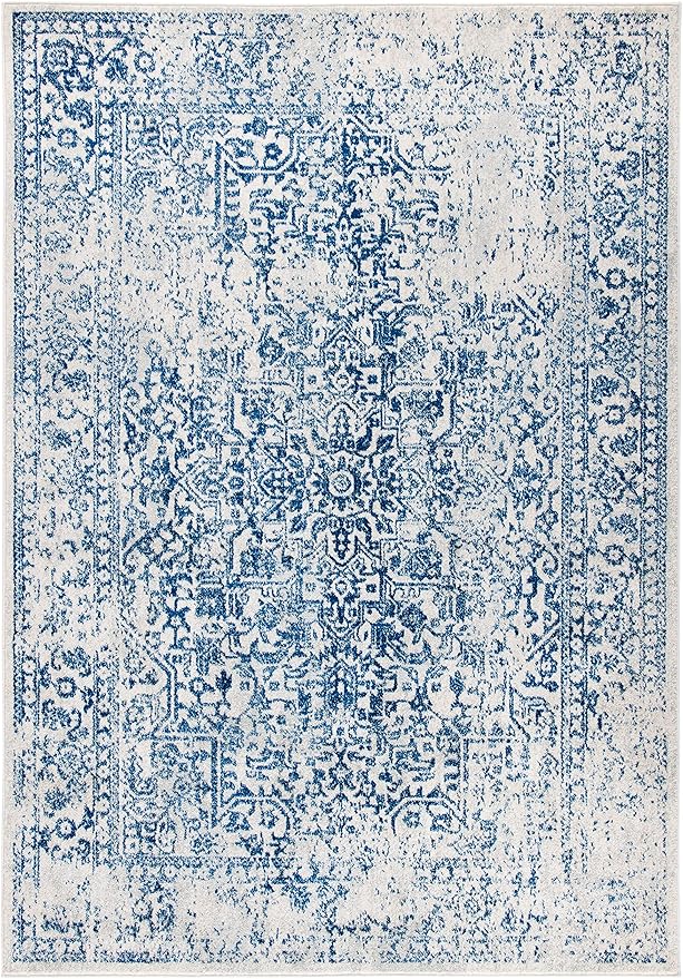 SAFAVIEH Evoke Collection 5'1" x 7'6" Ivory / Navy EVK256N Oriental Distressed Non-Shedding Living Room Bedroom Area Rug