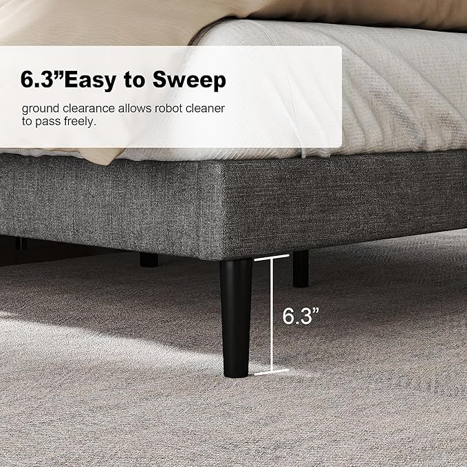 King Size Bed Frame with Fabric Upholstered Headboard, Platform Bed with Wooden Slats Support, Fully Mattress Foundation, Box Spring Optional, Easy Assembly