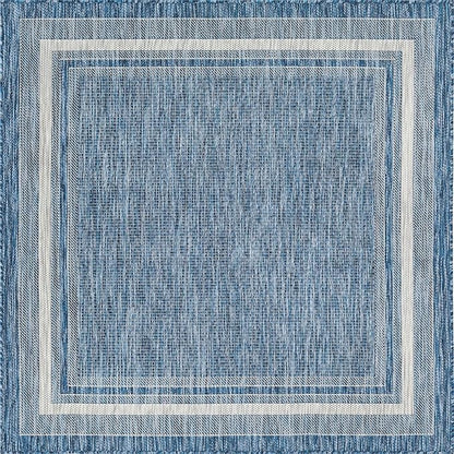 Unique Loom Outdoor Border Collection Area Rug - Soft Border (5' 3" Square, Blue/ Ivory)
