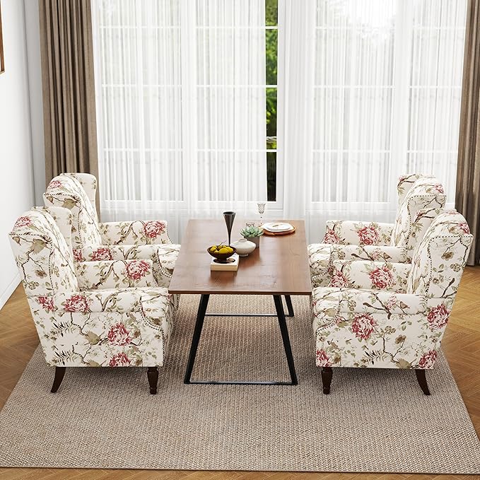 Accent Chair, Upholstered High Back Floral Armchair with Nailhead Trim & Wood Legs, Comfy Wingback Reading Single Sofa Chair for Small Spaces, Living Room, Bedroom (Pink Floral, Set of 2)