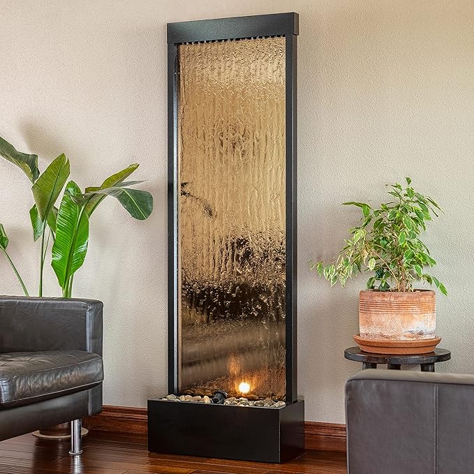 Alpine Corporation | 72"H Indoor/Outdoor Mirror Waterfall Floor Fountain — LED Lights & River Stones — Elegant Bronze Finish for Home, Office, Patio & Entryway Décor