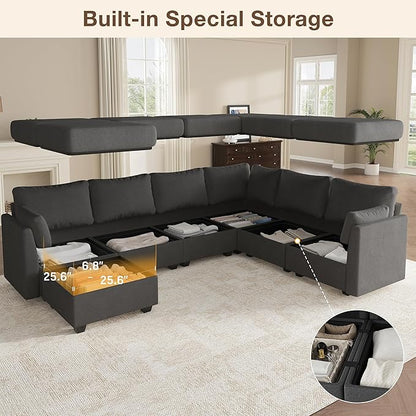 Modular Sectional Sofa Couches, Large Convertible Modular Couches With Storage, 7-Seater Sectional Sofa For Living Room, U Shaped Sectional Couch Sleeper Sofa With Chaise (DarkGrey, 7 Seats)