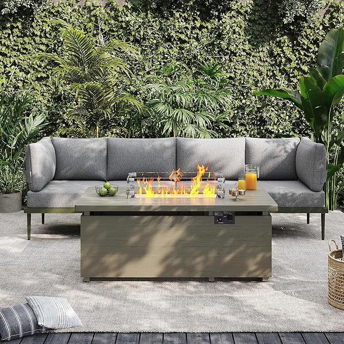 Sundale Outdoor 5 Pieces Patio Furniture Set with Fire Pit Table, Metal Outdoor Sectional Sofa with 6 Inch Olefin Cushion, All-Weather Modern Outdoor Conversation Sets (4 Seats,Green Frame)