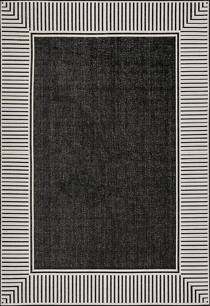 nuLOOM 5' x 8' Outdoor Area Rug, Casual Design With Striped Border, Stain Resistant, Highly Durable, For Patio, Balcony, Bedroom, Living Room, Dining Room, Bathroom, Black