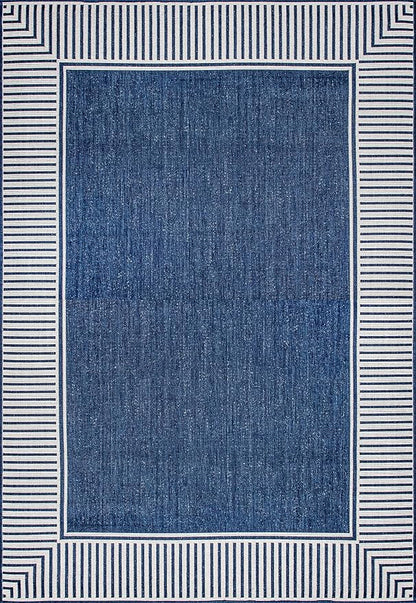 nuLOOM 6' 7" x 9' Outdoor Area Rug, Casual Design With Striped Border, Stain Resistant, Highly Durable, For Patio, Balcony, Bedroom, Living Room, Dining Room, Bathroom, Navy