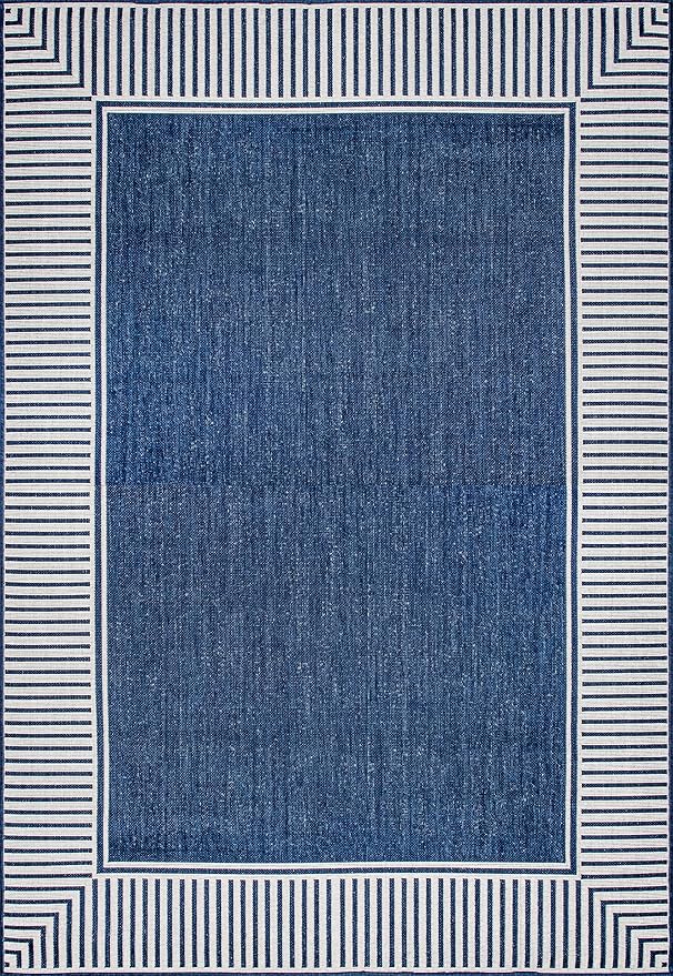 nuLOOM 4' x 6' Outdoor Area Rug, Casual Design With Striped Border, Stain Resistant, Highly Durable, For Patio, Balcony, Bedroom, Living Room, Dining Room, Bathroom, Navy