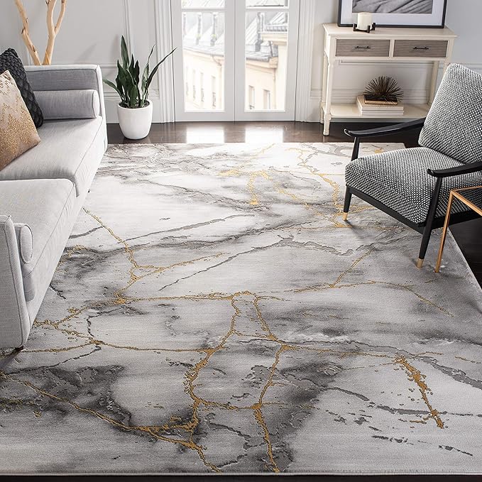 SAFAVIEH Craft Collection Area Rug - 8' Square, Grey & Gold, Modern Abstract Design, Non-Shedding & Easy Care, Ideal for High Traffic Areas in Living Room, Bedroom (CFT877F)