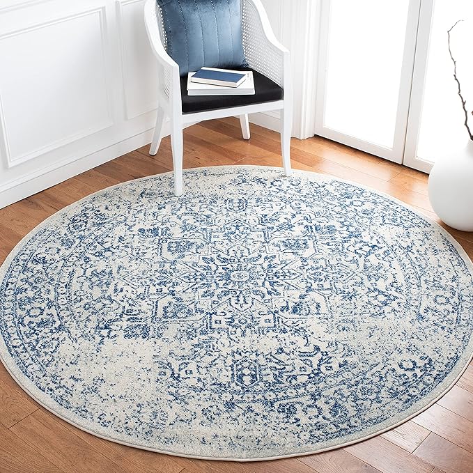 SAFAVIEH Evoke Collection Area Rug - 6'7" Round, Ivory & Navy, Distressed Design, Non-Shedding & Easy to Clean, Ideal for Living Room, Bedroom, Dining Space (EVK256N)