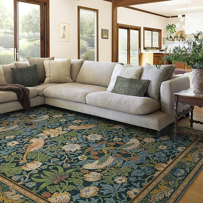 RUGGABLE x Morris & Co Washable Area Rug– Strawberry Thief Indigo 8x10, Stain-Resistant, Non-Slip – Large Machine Washable Rugs for Living Room, Bedroom, Hallway, Entryway & Office–with Cushioned Pad