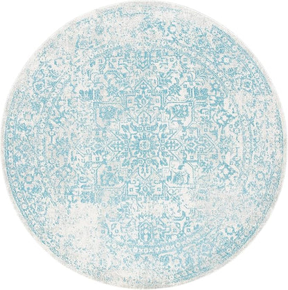 SAFAVIEH Evoke Collection Area Rug - 3' Round, Ivory & Aqua, Distressed Design, Non-Shedding & Easy to Clean, Ideal for Foyer, Bedroom, Accent Space (EVK256J)