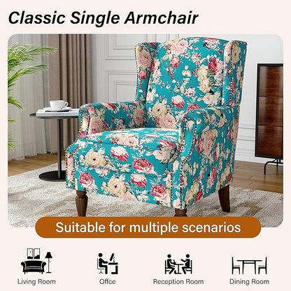 Wingback Accent Chairs Set of 2, High Back Upholstered Armchair, Floral Fabric Wingback Arms Chairs with Retro Solid Wood Legs, Single Sofa Reading Chair for Bedroom Living Room, Peacock Blue