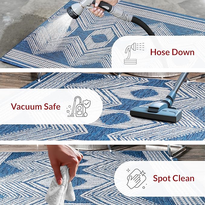 nuLOOM 9'6" x 12' Outdoor Tribal Geometric Area Rug, Stain Resistant, Weather Resistant, High Traffic, Patio, Balcony, Outside, Ranya Blue